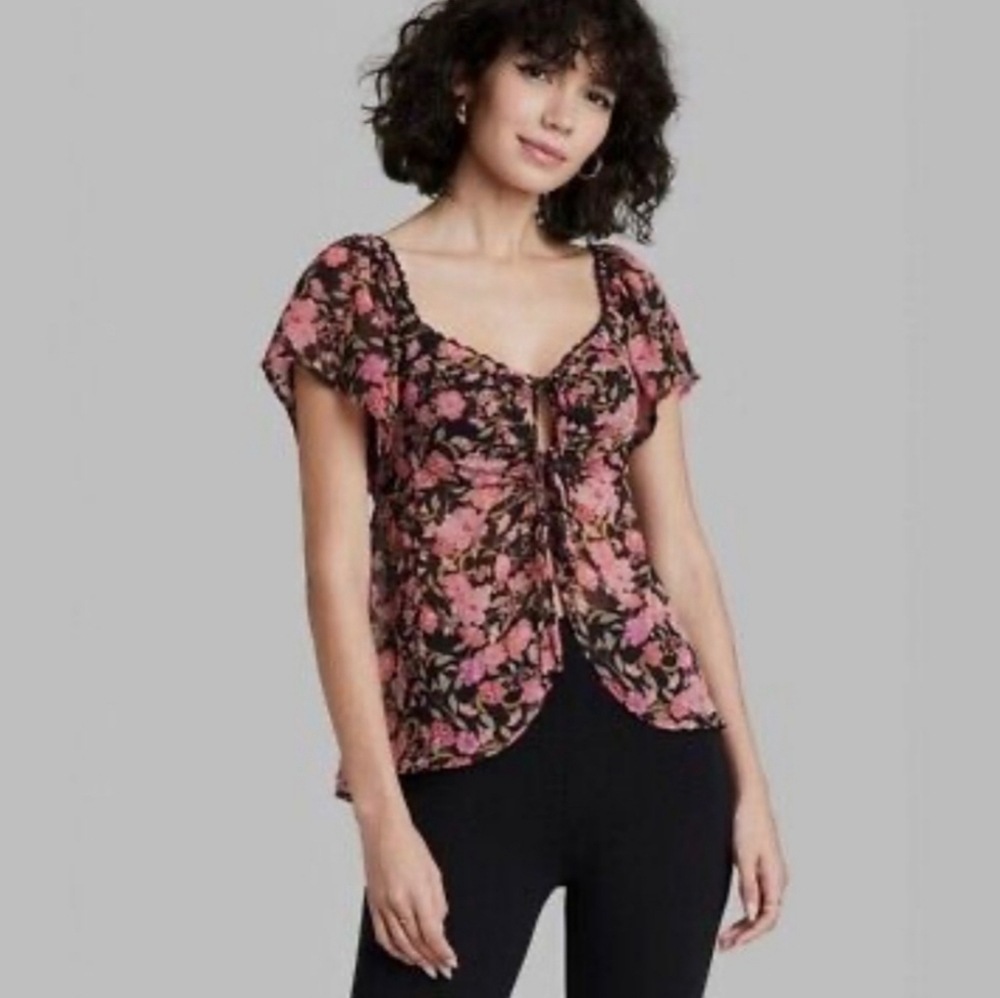 3/$18 Wild Fable Flutter Sleeve Fly Away Top w Front Keyhole Cutouts - P…